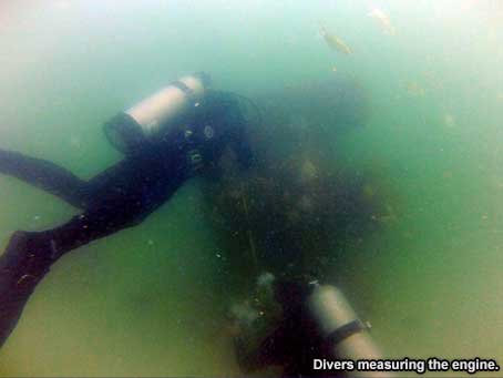 Divers measuring the engine